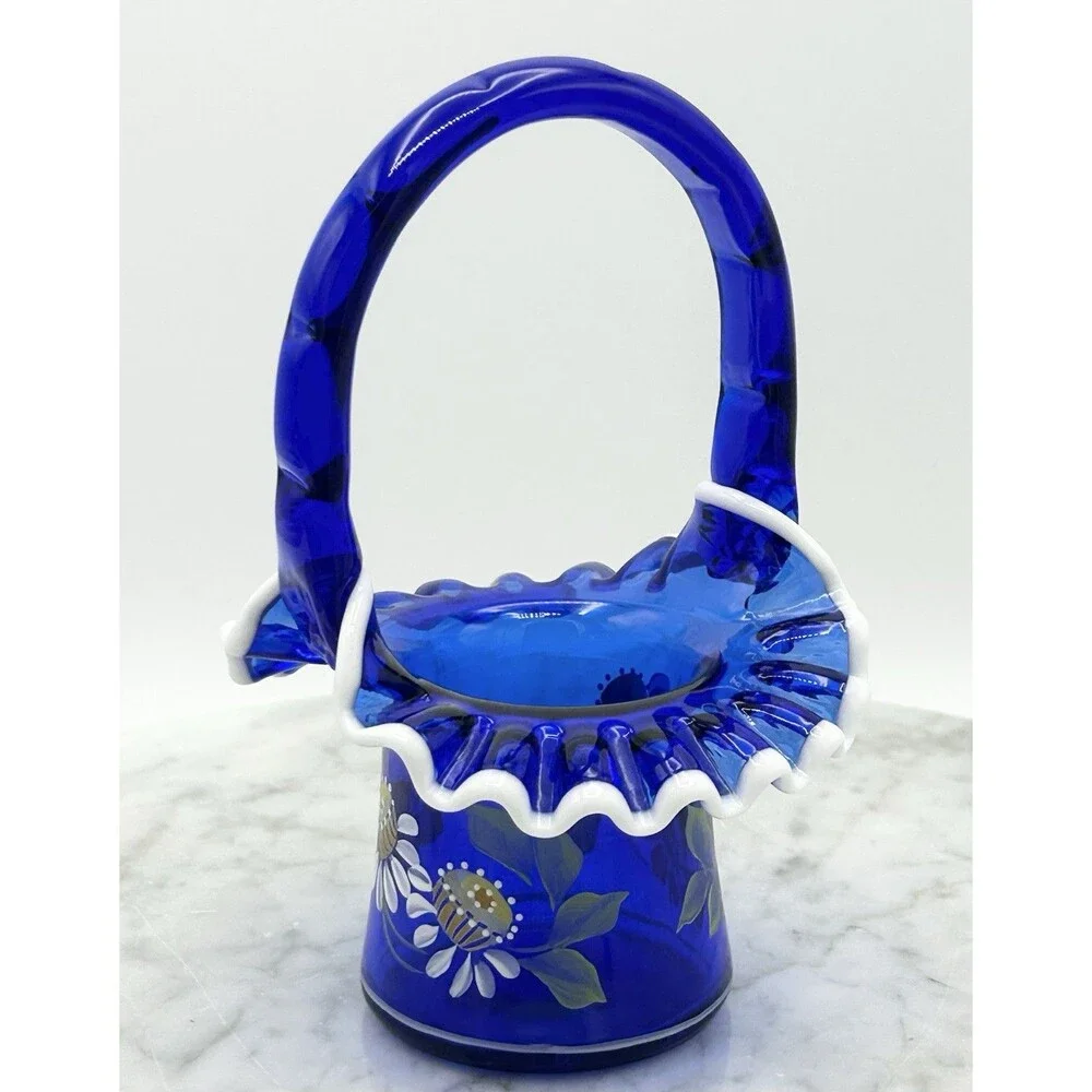 Fenton Hand Painted Cobalt Blue Basket Hand Painted Special Collection